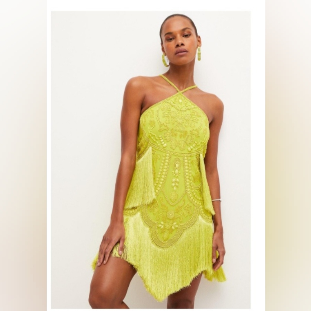 Karen Millen Fringed Beaded Halter Mini Dress